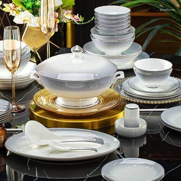 Наборы столовой посуды, светлый, роскошный, с золотыми краями, градиентный серый, набор на 60 головок, изысканная подарочная коробка, бытовая миска, комбинация тарелок