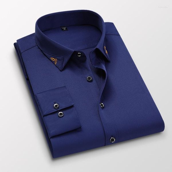 Camisas casuais masculinas camisa de manga longa fino ajuste sem ferro elasticidade colarinho impressão roupas de marca de negócios masculino 5xl