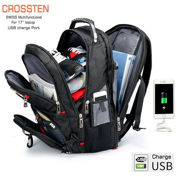 Школьные сумки Crossten Прочный 17-дюймовый рюкзак для ноутбука 45 л Дорожная сумка Колледжская сумка для книг USB-порт для зарядки Водонепроницаемый Швейцарский Многофункциональный 230905