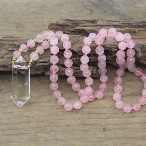 Colares de pingente Natural Rose Quartzs 8mm Contas Redondas Atadas Colar Artesanal Cristal Duplo Ponto Pingentes Yoga Mala Oração Jóias