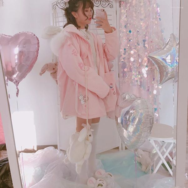 Damen-Trenchmäntel, Winter-Frauen, süßer Harajuku-Mantel, rosa Druck, Cartoon-Jacken, Kawaii, süßes junges Mädchen, Reißverschluss-Outfit mit Kapuze