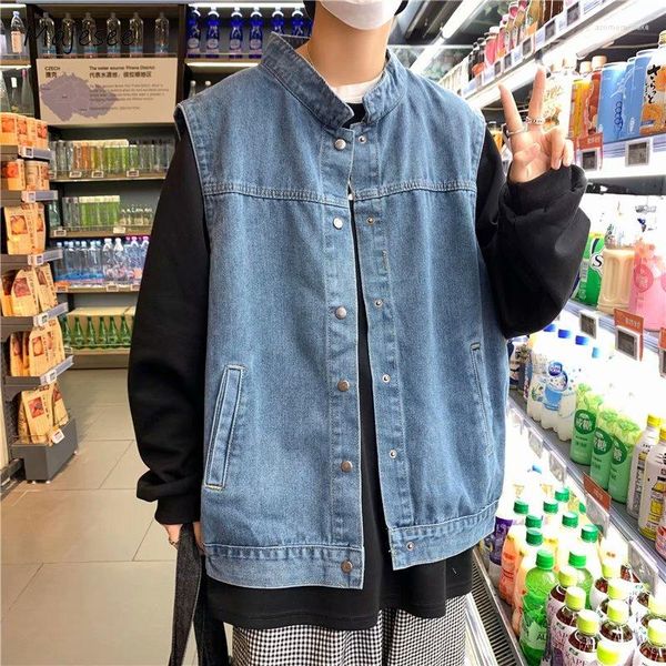 Herrenwesten Männer Denim Unisex Baggy Freizeit Retro Weste Koreanischer Stil Streetwear College Täglich Einfaches Revers Frühling Allgleiches Weich