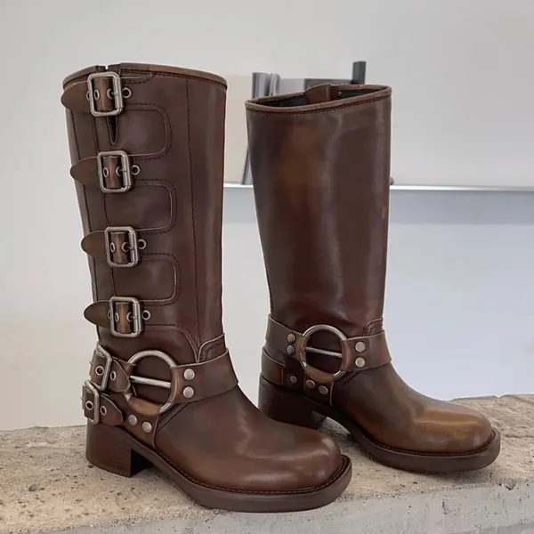 Freizeitschuhe, Gürtelschnalle, klobiger Absatz, Martens-Rindsleder, Biker-Kniestiefel, klobiger Absatz, Reißverschluss, Ritterstiefel, kniehoher Vintage-Western-Luxus-Designerschuh