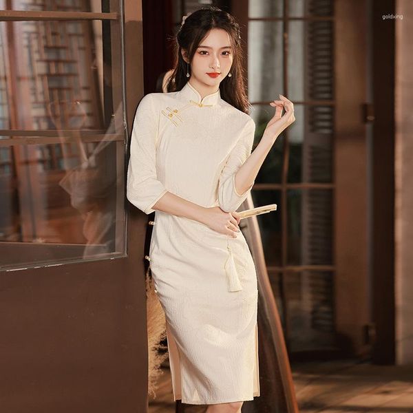 Roupas étnicas Verão Mulheres Laço Branco Qipao Vestido Moderno Estilo Chinês Melhorado Mandarim Collar Cheongsam
