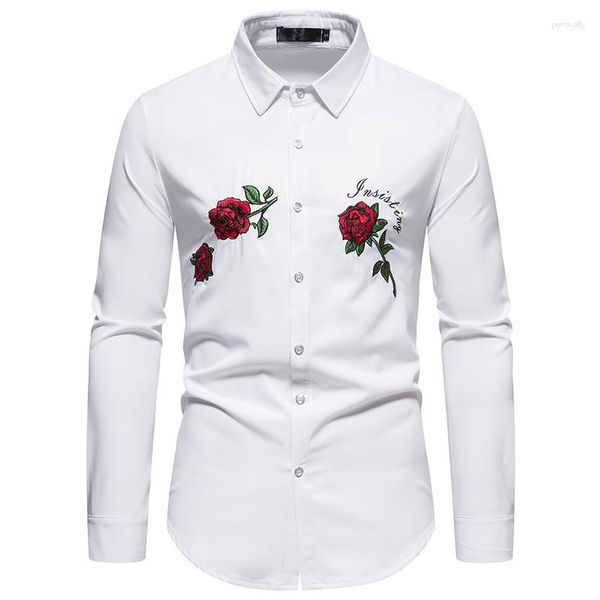 Herrenhemden 2023 Hemd Rose Stickerei Casual Langarm Slim Fit Mode für Männer