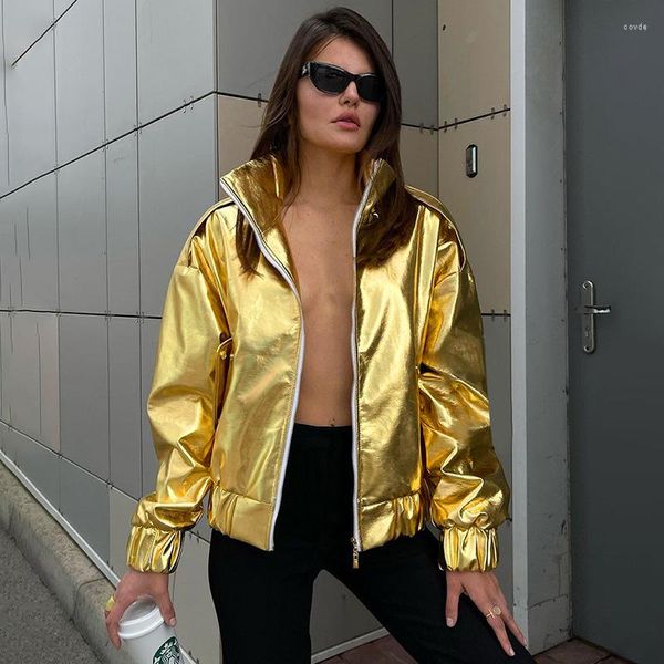 Damenjacken Mode glänzendes Gold Silber PU-Lederjacke Frauen Revers Reißverschlusstaschen lose metallische Hiphop Punk Lady Outcoats