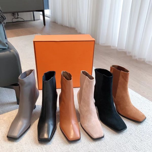 Botas femininas curtas com bico quadrado, couro legítimo, salto alto fino, cerca de 7,5 cm, botas meia junta de alta qualidade, couro de vaca, colarinho branco, sapatos femininos de trabalho