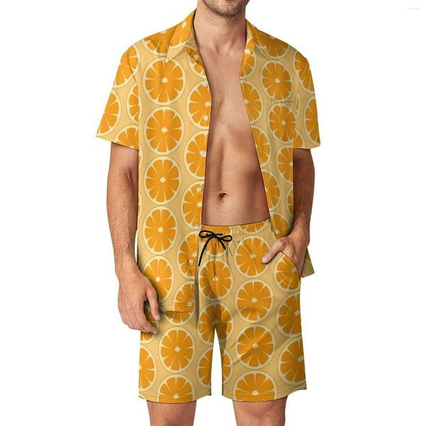 Fatos masculinos laranjas fatias fitness ao ar livre homens conjuntos frutas imprimir camisa casual conjunto verão shorts gráficos 2 peça terno havaiano plus size
