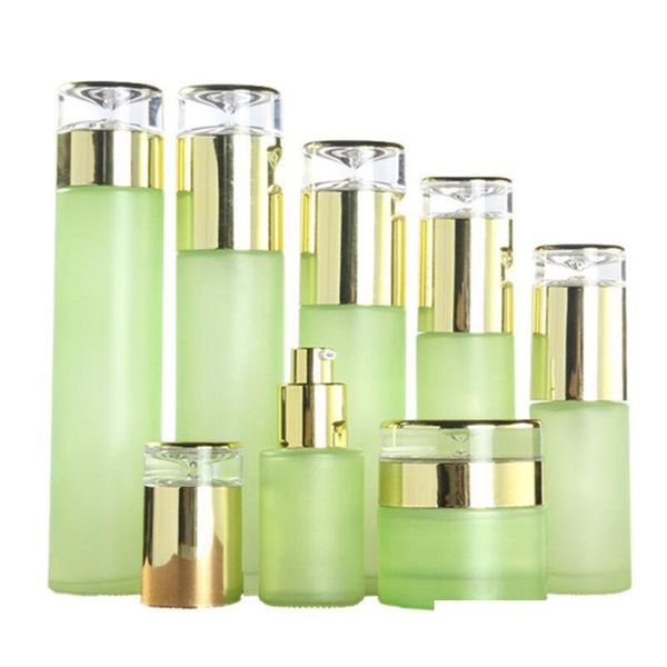 Bottiglie di imballaggio Bottiglia di lozione di vetro cosmetica verde all'ingrosso Imballaggio con tappo di plastica Spray vuoto 20 ml 30 ml 40 ml 60 ml 80 ml 100 ml 1 Otwhk