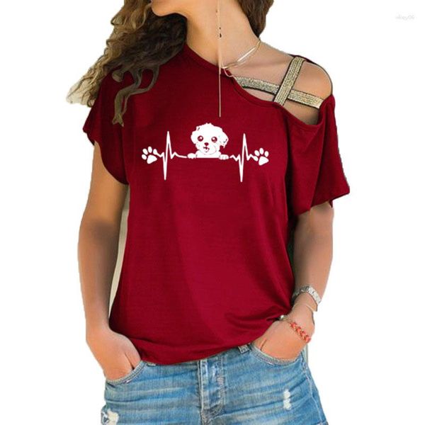 T-shirt da donna Simpatico cane maltese battito cardiaco Stampa T-shirt allentata irregolare T-shirt estiva amante degli animali Regalo Collo obliquo Fasciatura incrociata Top per