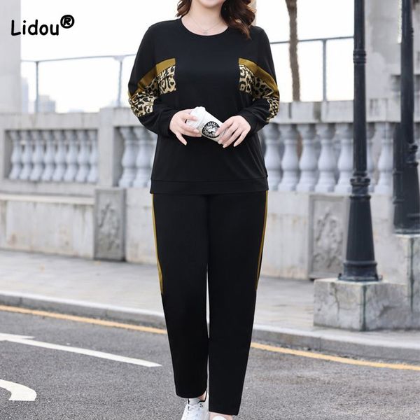 Mulheres Plus Size Tracksuits Primavera Outono ONeck Leopard Imprimir Manga Longa Top Lady Bolsos Side Gold Stripe Calças Casual Running Two Pieces Sets 230905