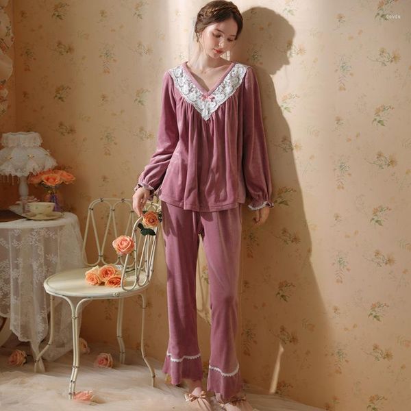 Pijamas femininos outono inverno solto veludo loungewear veludo tops calças de duas peças conjuntos princesa nightwear fada feminino rendas pijamas