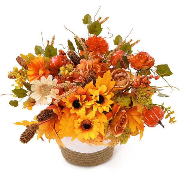 Dekorative Blumenkränze PARTY JOY 2 Stück Herbst Künstliche Sonnenblumenblumen Seide Ahornblätter Blumenstrauß Gefälschter Kürbis Halloween Kamintisch Herbstdekoration 230905