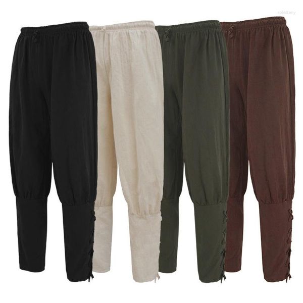 Pantaloni da uomo Uomo medievale Pirata vichingo Costume cosplay Abbigliamento Pantaloni di lino con lacci Pantaloni sportivi gotici Fasciatura per gambe da cavaliere