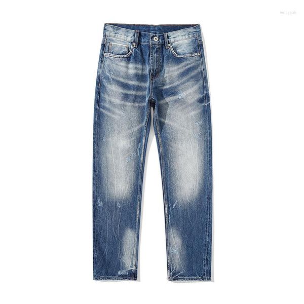 Herren-Jeans, Distressed Blue Washed Selvadge, japanische Vintage-Jeans, stark ausgebeult, gerades Bein, Schnurrbart, bemalt, lockerer, zerrissener Denim