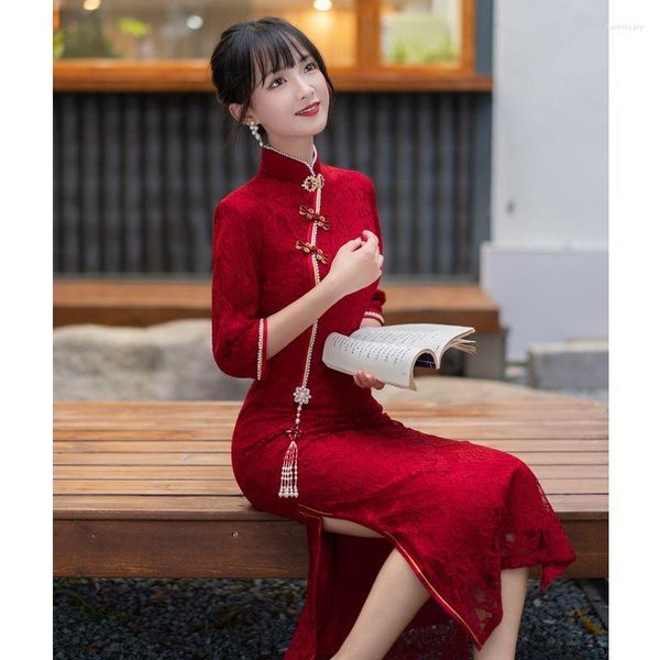 Abbigliamento etnico Yourqipao Cinese migliorato Cheongsam Matrimonio Toast Borgogna Pizzo Fidanzamento Abiti da sera Donna Hanfu Set