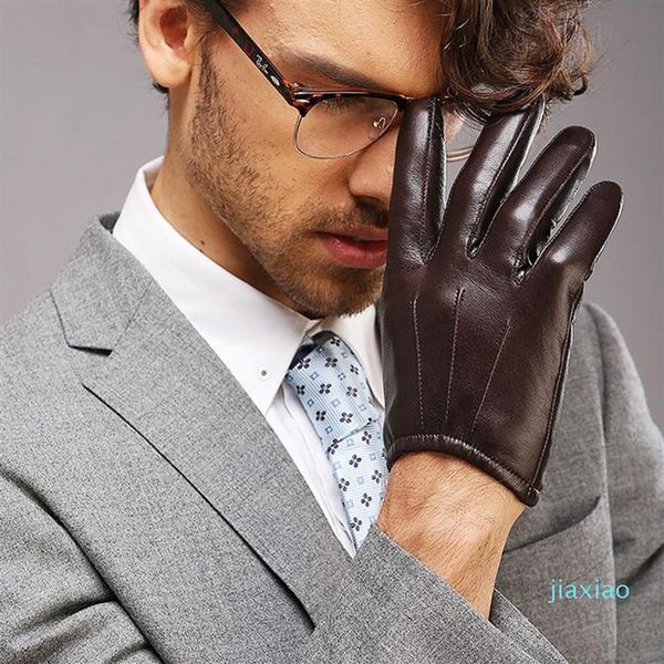 Toda a moda superior masculina luvas de couro genuíno pulso luva de pele carneiro para o homem fino inverno condução cinco dedos apressado m017pq291u