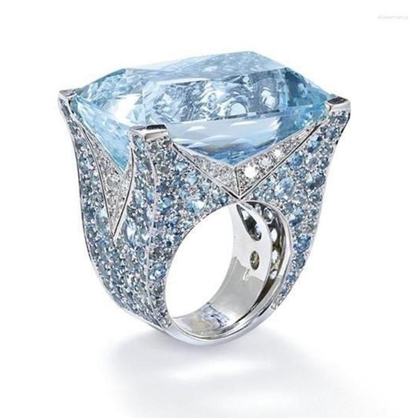 Eheringe Großer blauer Kristallstein für Frauen Männer Vintage Silber Farbe Verlobungsring Geburtstagsgeschenk FashionJewelry Großhandel