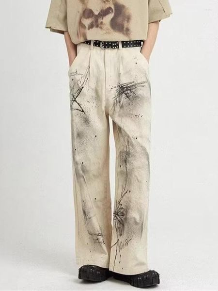 Jeans masculinos Yihanke Splash Ink Artist Graffiti Straight Loose Wide Leg Calças Calças Casuais Y2K Roupas Homens