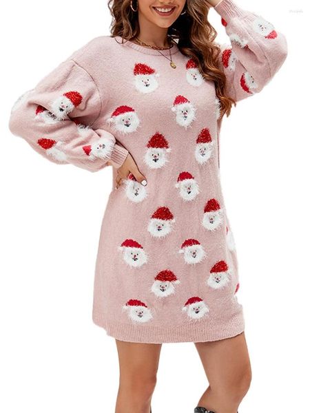 Freizeitkleider Damen Weihnachtspulloverkleid Weihnachtsmann-Aufdruck Langarm Rundhalsausschnitt Kurzer Herbst-Winter-Pullover