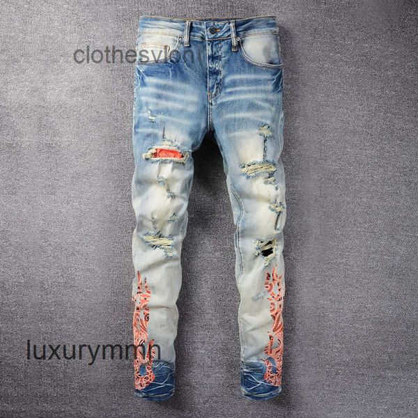 Amirrs 2023 Designer-Jeans Amirrsy Casual Hip Hop Worn Out and Washed Splash Ink Color Painting Slim Fit Herren TIVG