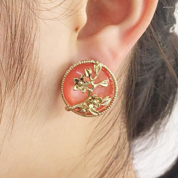 Серьги-гвоздики круглые женские модные стильные золотые цветные металлические цветочные розовые и зеленые опаловые каменные уши