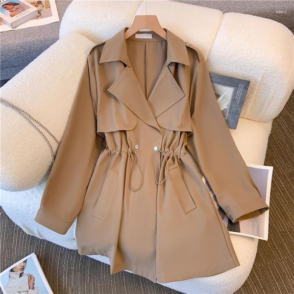 Casacos de Trench das Mulheres Surmiitro Plus Size Casaco para Mulheres 2023 Outono Inverno Elegante Sólido Turn-down Collar Túnica Manga Longa Feminino Khaki