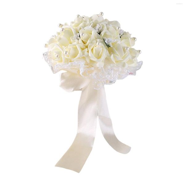 Flores decorativas buquê de casamento da dama de honra da noiva feito à mão com fita de seda artificial nupcial para festa po prop cerimônia decoração