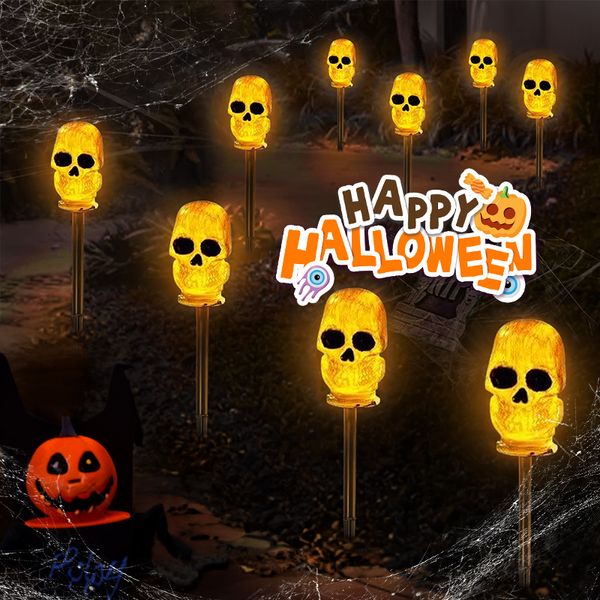 Outros suprimentos de festa de evento Decoração de Halloween 3D LED Skull Stakes Luzes de caminho operadas por bateria solar para quintal varanda gramado caminho decoração de jardim 230905