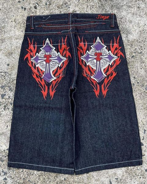 Mens shorts de verão shorts de jeans casuais masculino punk hip hop crosspri estrip jorts shorts y2k vintage Trendy Baggy Knee Length calças 230906