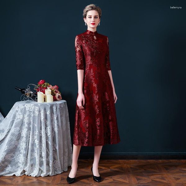 Abbigliamento etnico 2023 Abito cheongsam di media lunghezza Matrimonio cinese Madre della sposa Festa Abiti eleganti para mujer