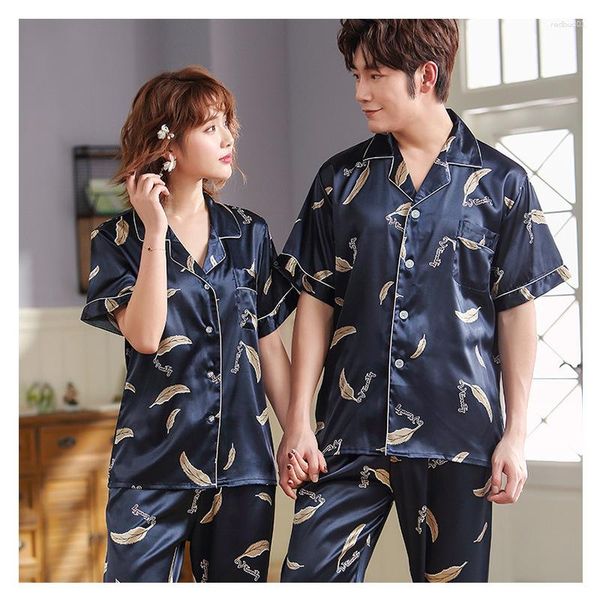 Homens sleepwear fzslcyiyi homens mulheres pijamas conjunto macio imitação de seda impressão camisa calças casal pijama conjuntos unisex pijamas