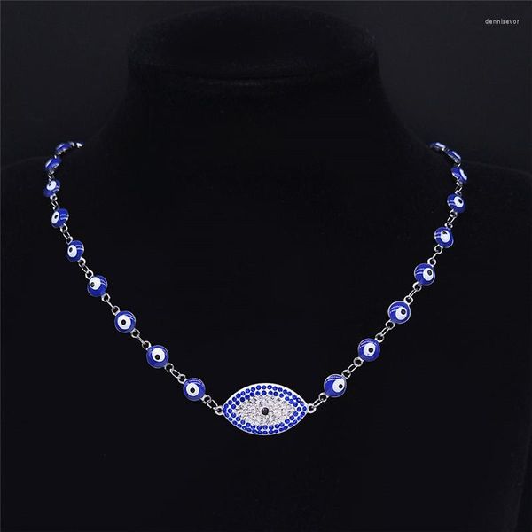 Colares Pingente Turquia Olho Cristal Aço Inoxidável Muçulmano Islam Chocker Colar Mulheres Prata Cor Jóias Collier Oeil N4881S07