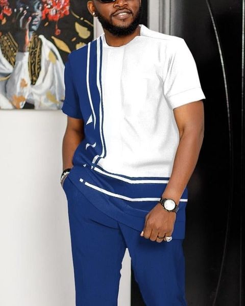 Erkekler Trailtsits Erkekler Afrika Geleneksel Kıyafetler Yaz Sosyal Takımları Erkekler için Kısa Set 2 Parça Moda Giysileri Trendleri Ter-Shirt Mavi Takip 230907