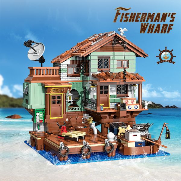 Modello di aereo 2100PCS Fisherman's Wharf Building Block Modello di casa sull'albero Mare Street View Trasporto in barca Decorazione domestica per adulti Giocattoli per bambini 230907