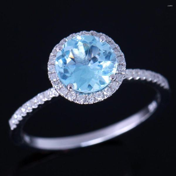 Cluster Rings 925 Sterling Silver 6.5mm Round Cut 1.44ct Blue Topaz Pave Natural Diamonds Engagement Wedding Gemstone Jewelry Ring Wholesale