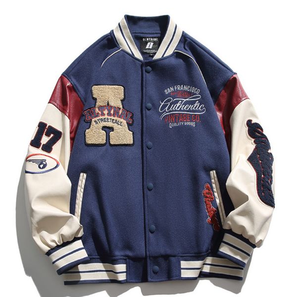 Giacche da uomo Giacca da baseball High Street Uomo Harajuku Ricamo Lettera Patchwork Varsity Giacche Cappotto universitario con maniche in pelle vintage unisex 230906