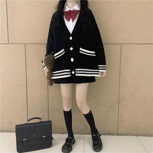 Cardigan maglione oversize a righe stile preppy Deeptown Donna Harajuku Sweet School Girly Maglione lavorato a maglia ricamato Giacca invernale