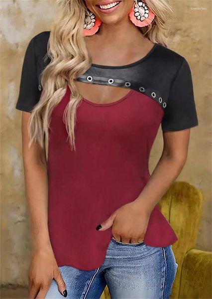 Kadın Tişörtleri Moda Renk Bloğu Hollow Out PU Deri Ekleme Gotik bluz Bordo Gömlek Giyim 2023 Yaz Günlük Tops