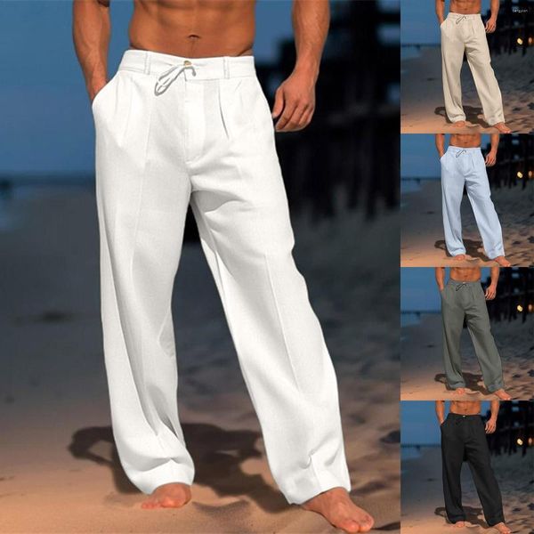 Calças masculinas de linho verão praia bolso frontal cor sólida confortável respirável casual férias diárias estilo básico
