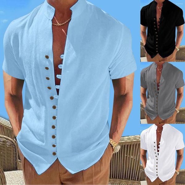 Homens camisetas Mens férias à beira-mar lazer solto botão gola sólida camisa de manga curta top moda homens com longo