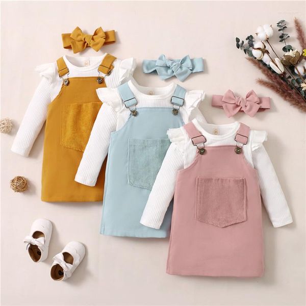 Conjuntos de roupas 1-5years meninas primavera outono 3pcs conjunto cor sólida com nervuras mangas compridas camiseta macacão vestido faixa de cabelo