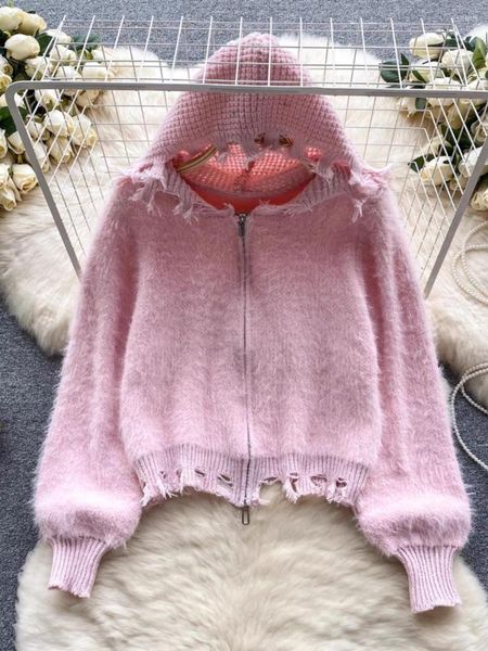 Frauenpullover Japanische hohle Kapuzenstrickjacke weibliche Herbst-Winter-Reißverschluss-Pullover-Mantel-Frauen-beiläufige lose feste Strickwaren-Frau