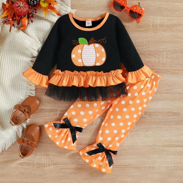 Conjuntos de roupas da criança meninas halloween manga longa dos desenhos animados bordado t camisa topos dot prints flare menina tamanho pequena roupa jovem outfit