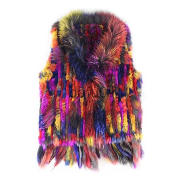 Damen Pelz Kunstpelz Neue Farbe echte Kaninchen gestrickte Pelzweste mit echtem Waschbären Pelzkragen Frauen Winter warme Pelzjacke Mantel x0907