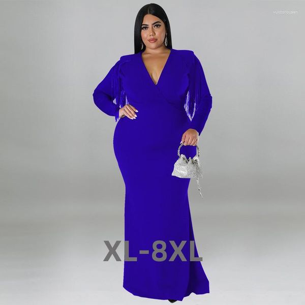 Abiti taglie forti Donna Vintage Nappa Manica lunga Avvolto Scollo a V Vita alta Sirena Tromba Festa sexy Maxi Bod 3xl 4xl 5xl 6xl