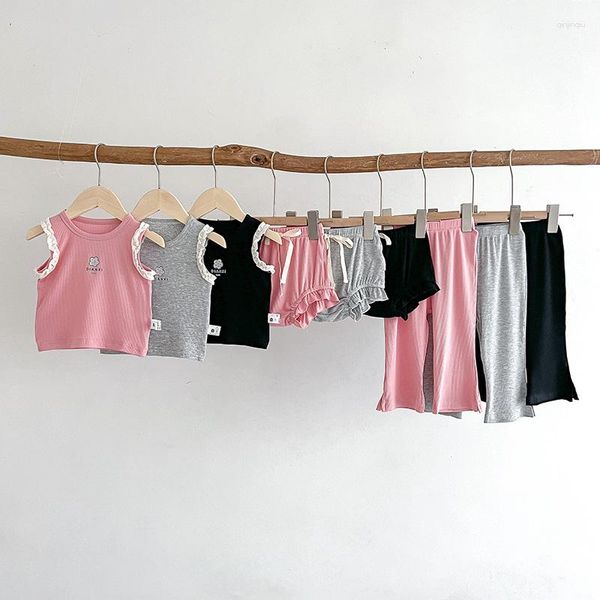 Giyim Setleri 2023 Yaz Toddler Bebek Kız Romper Solsuz Katı Pamuklu İnce Fırfır Üst Çizme Şortları Takım Bebek Pantolon Giysileri