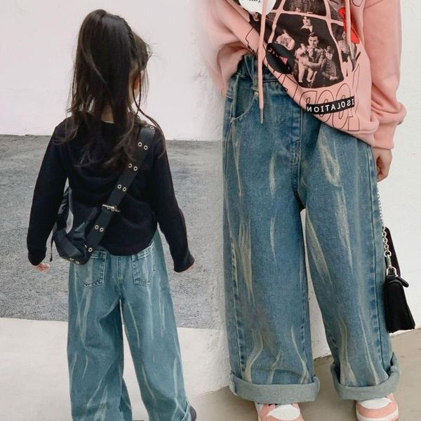 Pantaloni 2023 Pantaloni a gamba larga alla moda per bambini autunnali 2023 Jeans a vita alta per ragazze Crawler