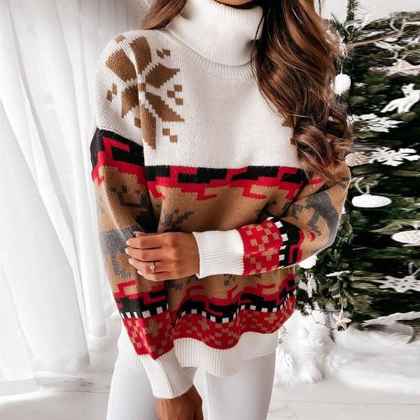 Frauen Pullover 2023 Weihnachten Rollkragen Elch Drucken Stricken Lose Frauen Pullover Winter Mode Warme Pullover Casual Dame Chic