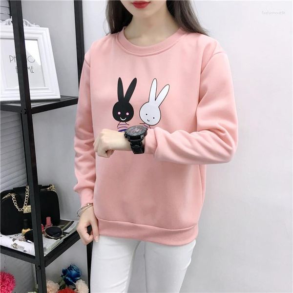 Damen Hoodies Mode Cartoon Zwei Kaninchen Muster Frauen Winter Dicke Bürsten Kawaii Pink Lady Sweatshirt Sudadera Kapuzenpullover Top